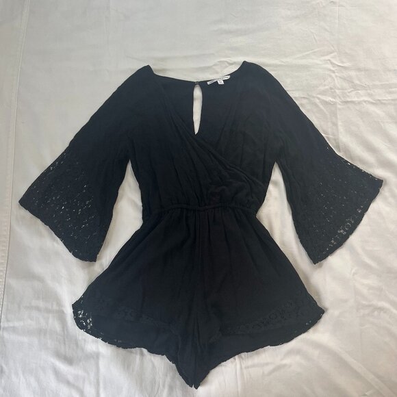 Abercrombie & Fitch Solid Black Boho Lace Sleeve V-neck Romper | Size M - Picture 1 of 7
